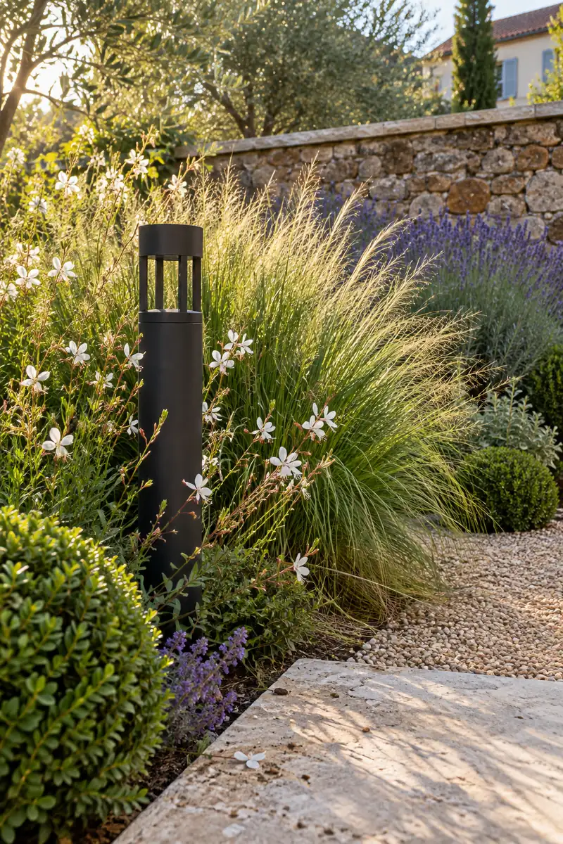 Borne lumineuse parmi les graminées et les fleurs blanches