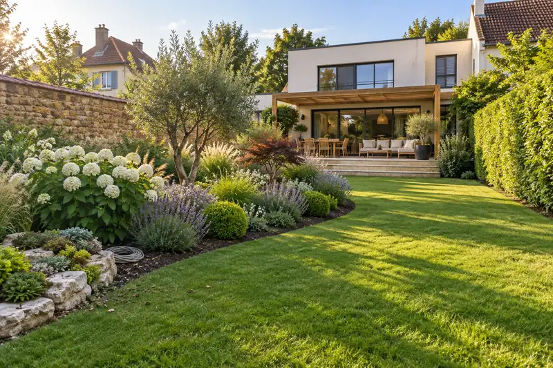 Après : pelouse dense, massif planté, rocaille et jeune olivier devant la maison