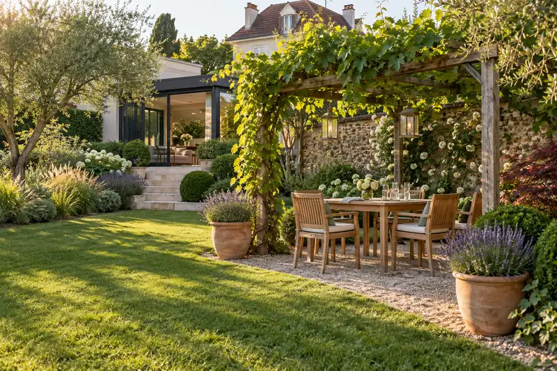 Table de jardin sous une pergola couverte de vigne, lavande en pots