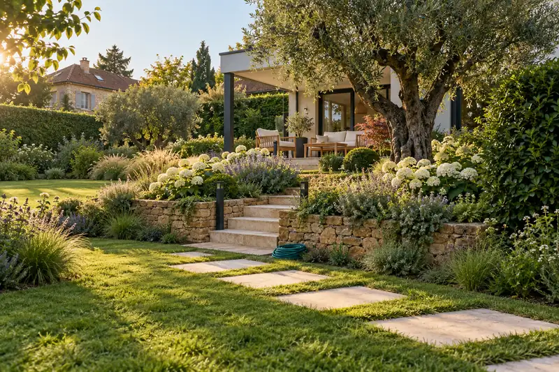 Jardin en terrasses devant une maison contemporaine : olivier, hortensias blancs, lavande et marches en pierre