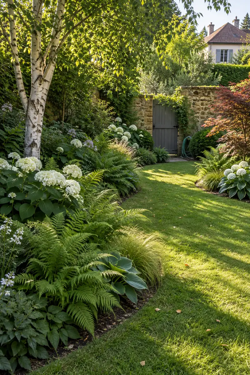 Jardin ombragé : pelouse sinueuse entre hortensias et fougères, portillon dans un mur en meulière