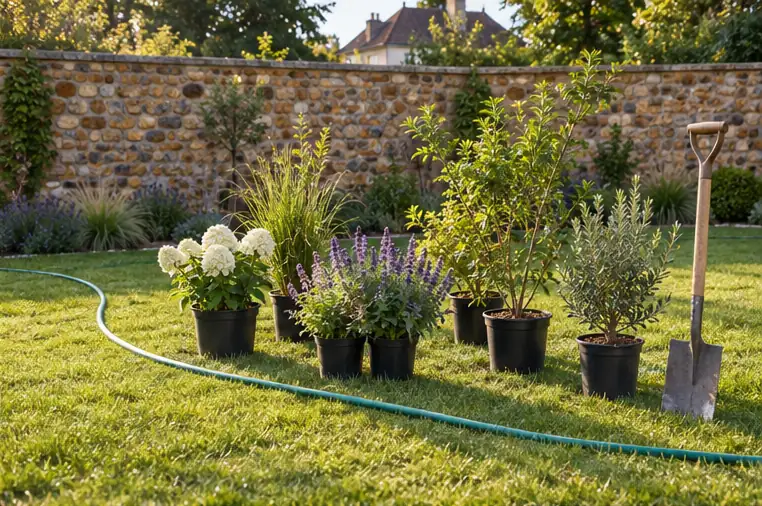 Tuyau d’arrosage traçant la courbe d’un futur massif, plantes en pots prêtes à planter