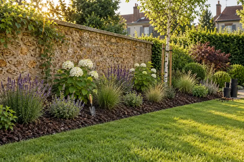 Massif fraîchement planté de lavandes, de sauges et d’hortensias le long d’un mur en meulière