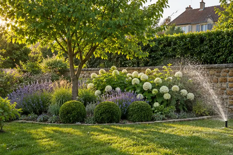 Arroseur automatique sur la pelouse, lavande et hortensias en été