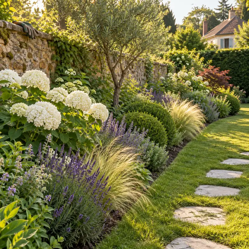 Massif d’hortensias blancs, de lavande et de graminées le long d’un mur en meulière